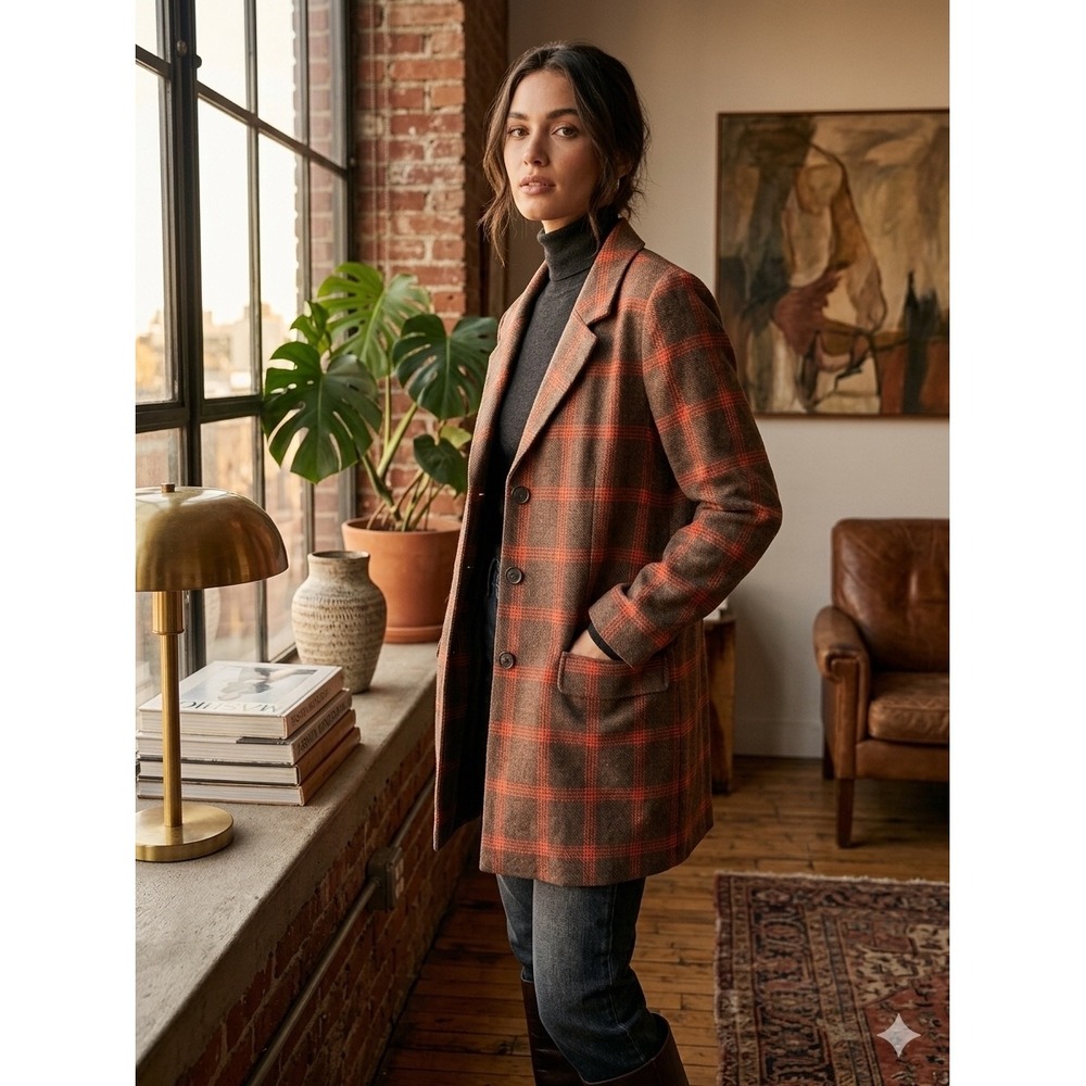 BB Dakota Steve Madden Fall Brown Orange Plaid Blazer Coat BM32730N Small